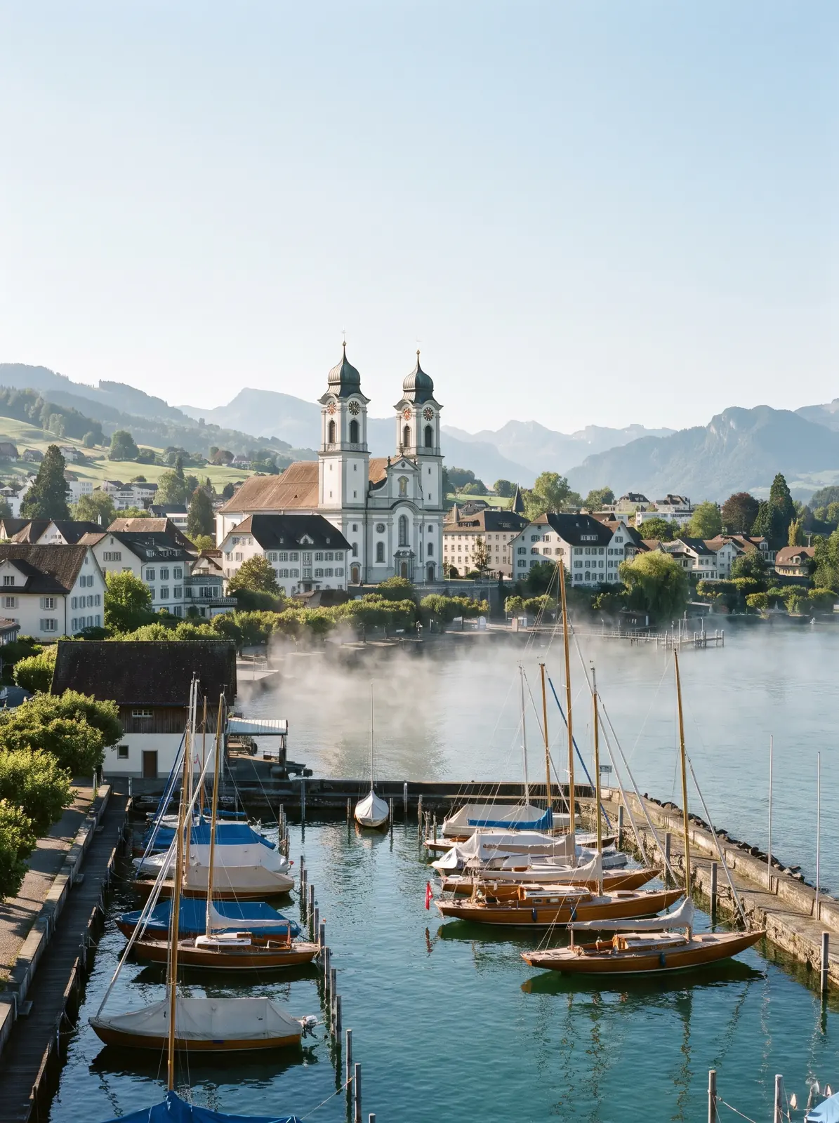Lachen SZ, harbour and church on the Obersee