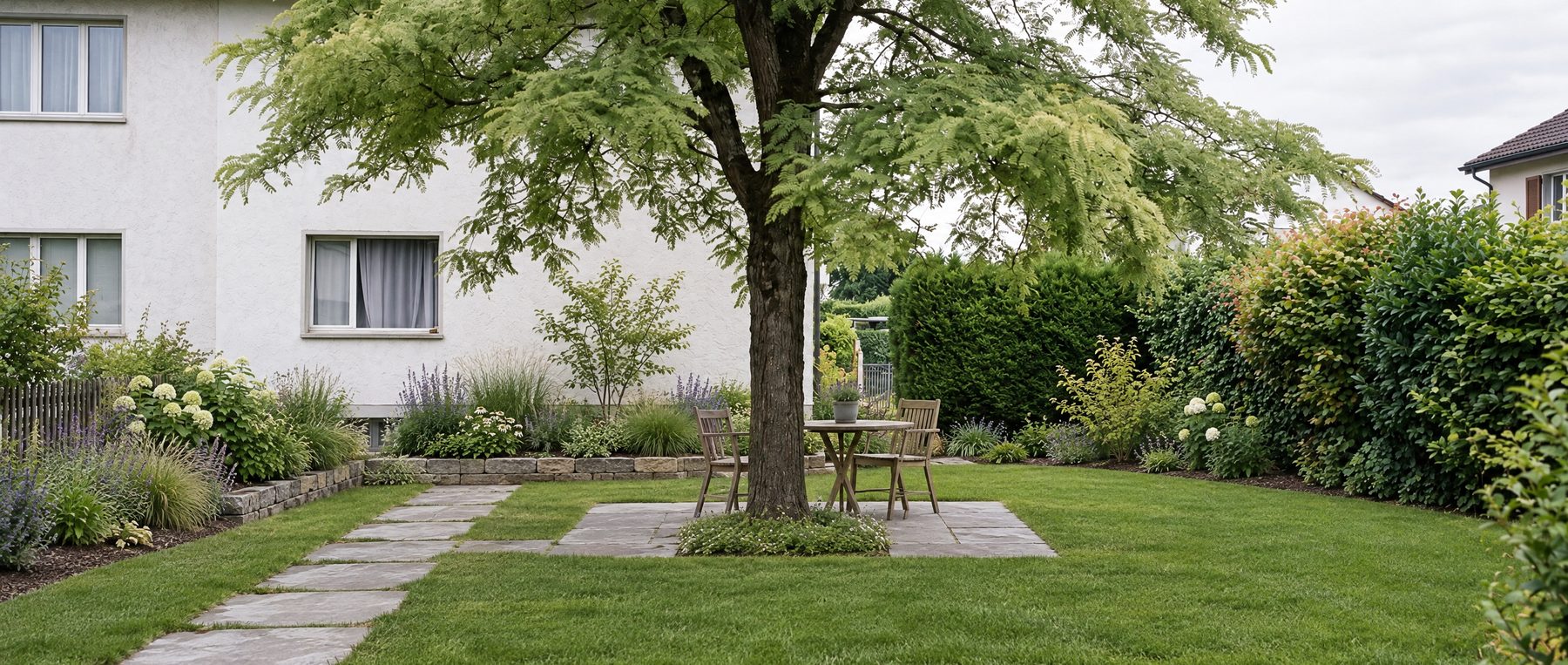 Derselbe Garten nach der Umgestaltung: Rasen, Natursteinweg, Sitzplatz unter dem Baum, Staudenbeete