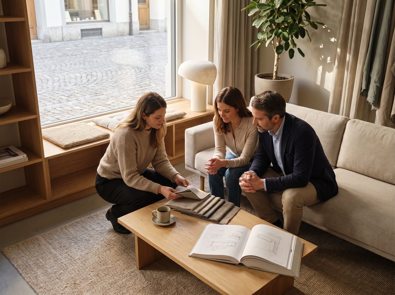 Einrichtungsberaterin zeigt einem Paar Stoffmuster im Möbel-Showroom