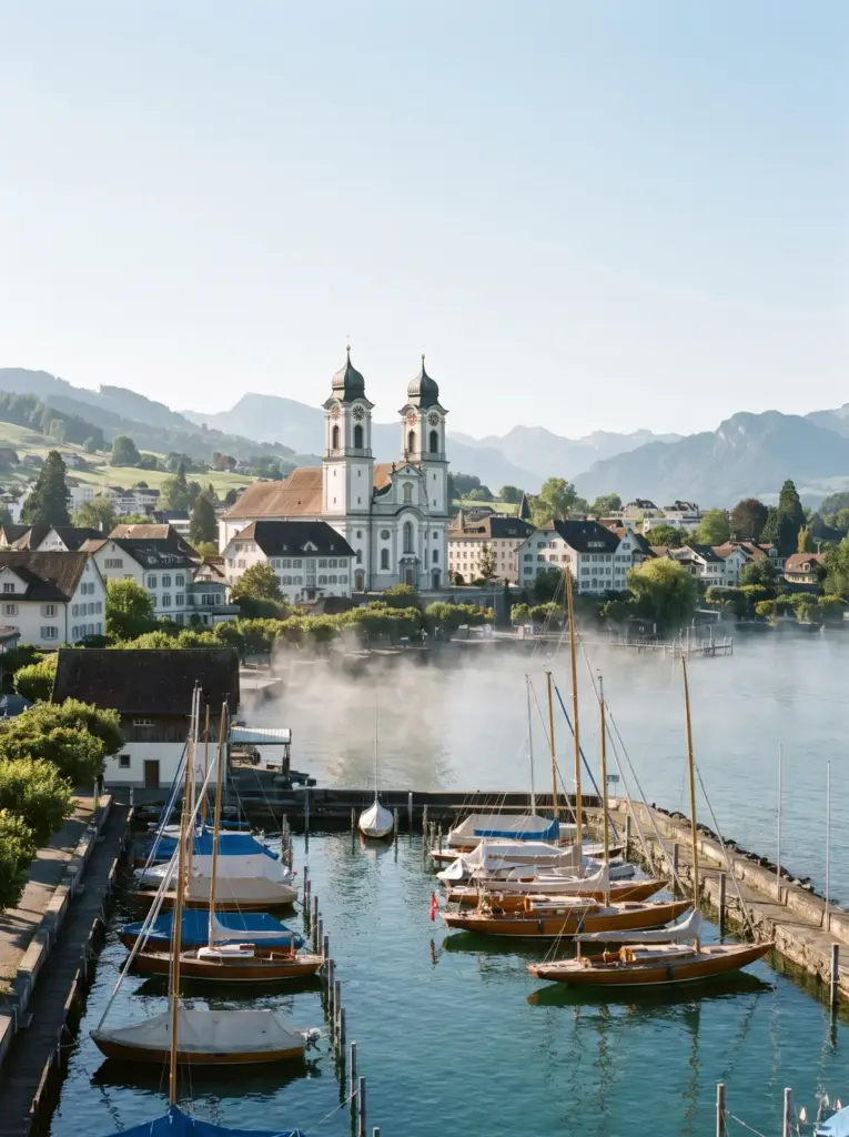 Lachen SZ, Hafen und Kirche am Obersee